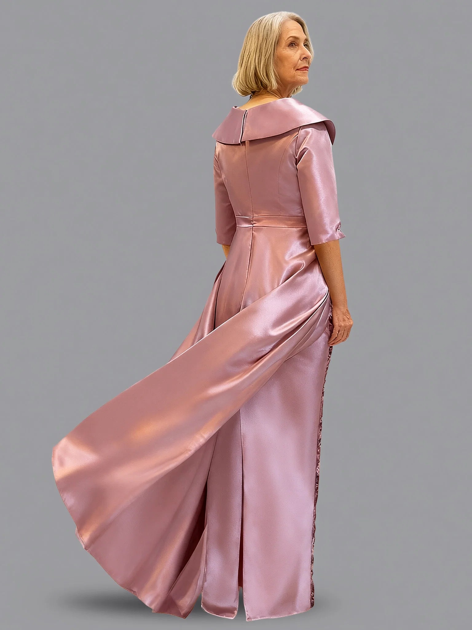 Ball Gown Half Sleeve Shirt Collar Slit Floor-Length Mother Of The Bride Dress