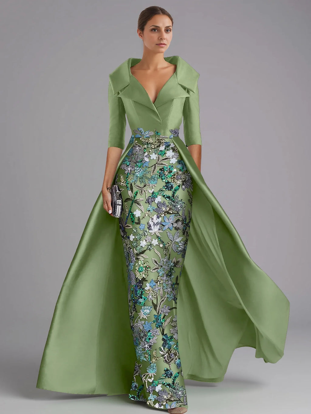 Ball Gown Half Sleeve Shirt Collar Slit Floor-Length Mother Of The Bride Dress
