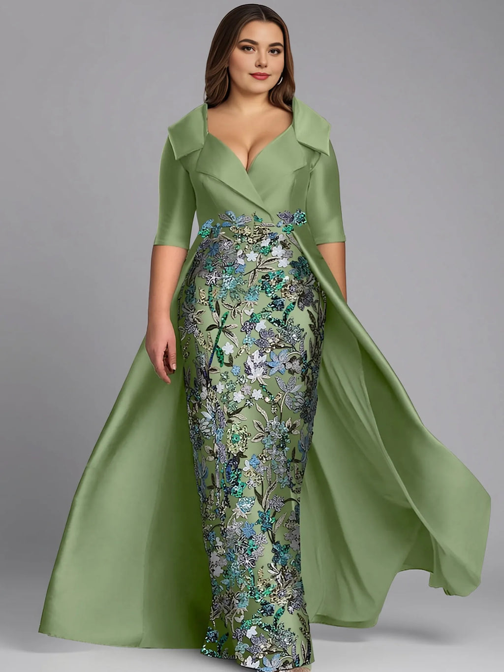 Ball Gown Half Sleeve Shirt Collar Slit Floor-Length Mother Of The Bride Dress