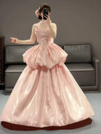 Ball-Gown Halter Neck Sleeveless Zipper Back Floor-Length Prom Evening Dress