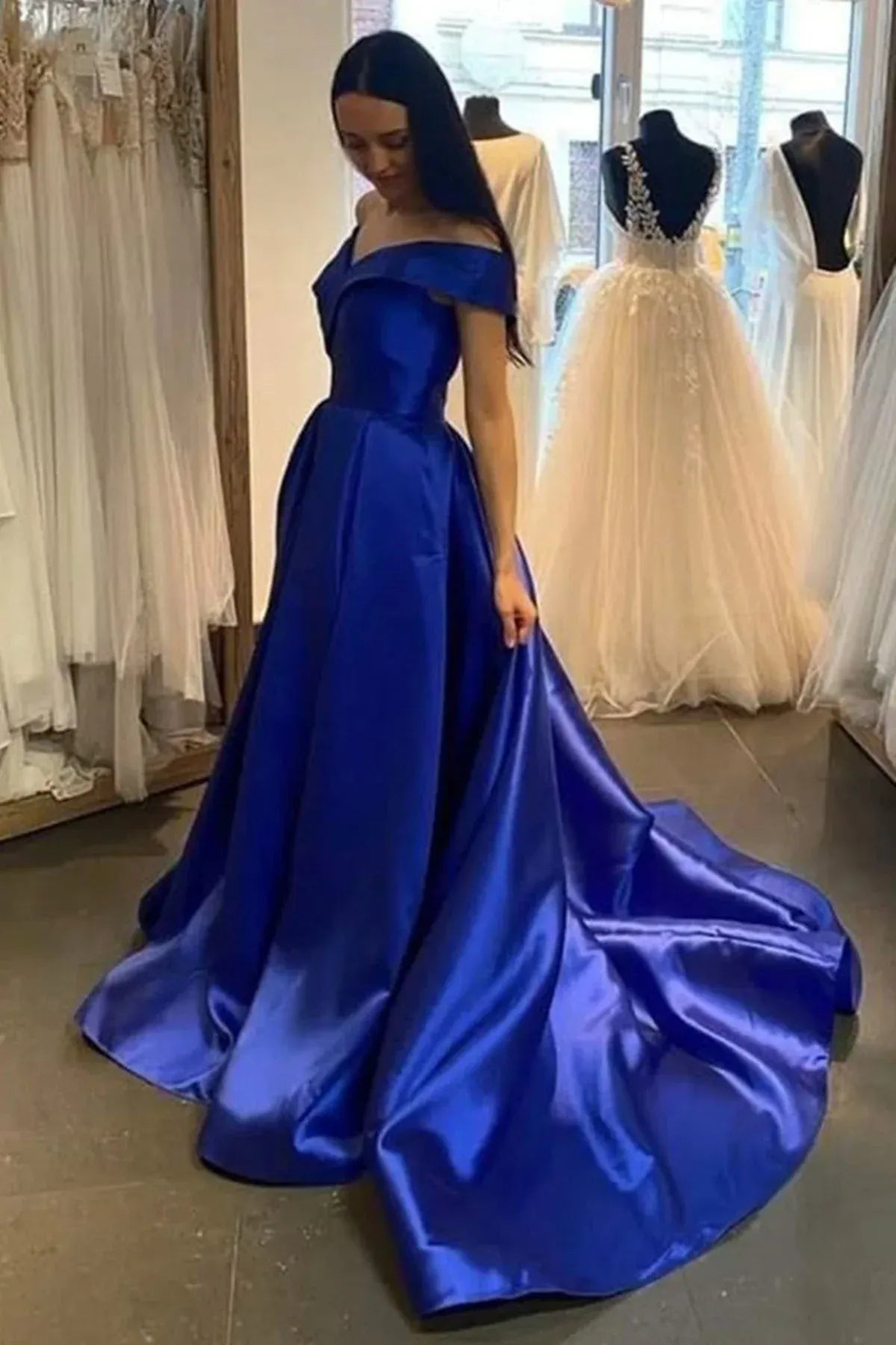 Ball Gown Off Shoulder Short Sleeve Maxi Prom Dress