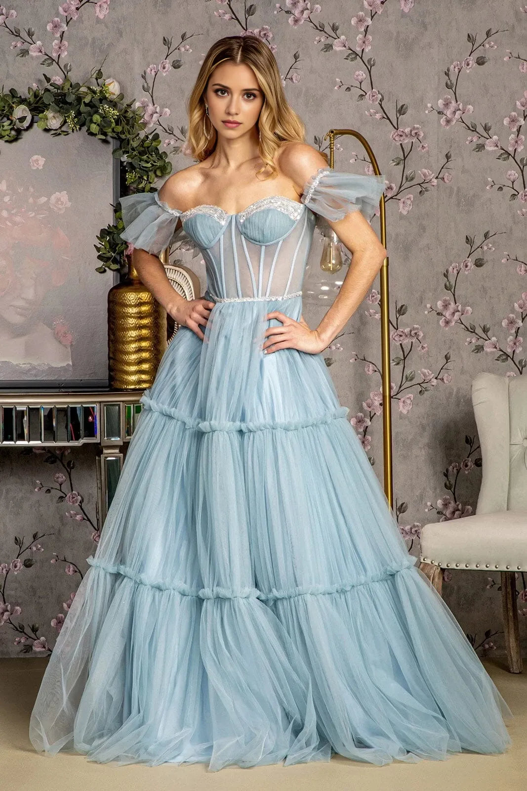 Elegant Ball Gown Off-the-Shoulder Lace-Up Back Floor-Length Prom Dress