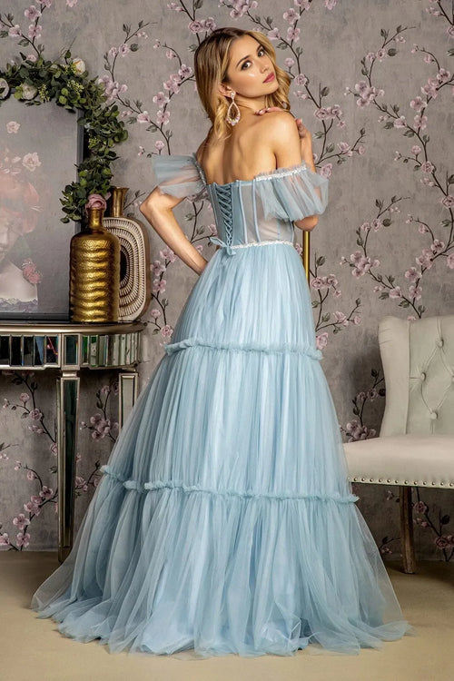 Elegant Ball Gown Off-the-Shoulder Lace-Up Back Floor-Length Prom Dress