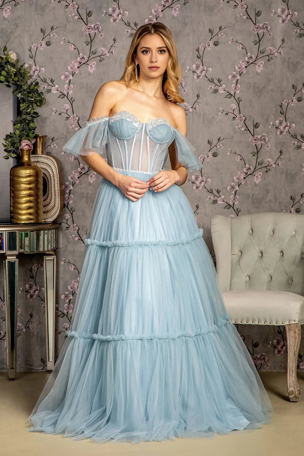 Elegant Ball Gown Off-the-Shoulder Lace-Up Back Floor-Length Prom Dress