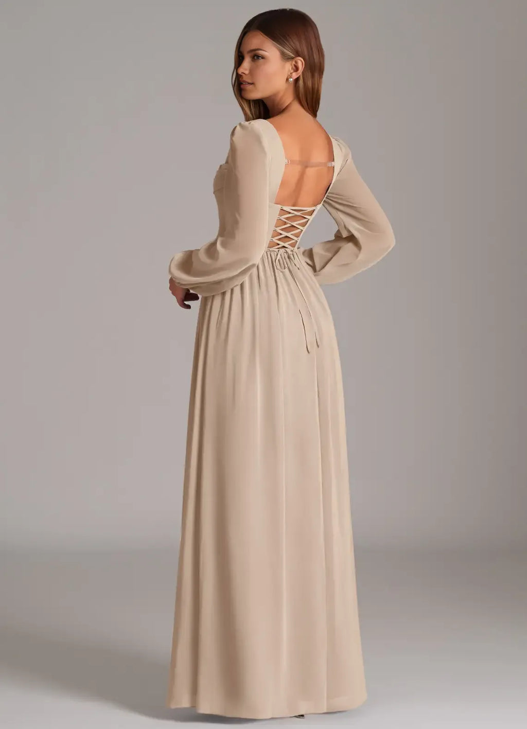 Elegant Ballgown Chiffon Square Neck Puff Sleeve Lace Up Back Floor Length Bridesmaid Dress