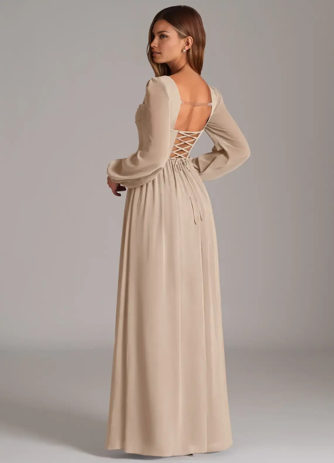 Elegant Ballgown Chiffon Square Neck Puff Sleeve Lace Up Back Floor Length Bridesmaid Dress