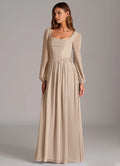 Elegant Ballgown Chiffon Square Neck Puff Sleeve Lace Up Back Floor Length Bridesmaid Dress