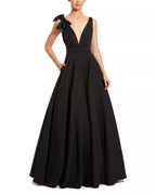 Elegant Ballgown Deep V Neck Sleeveless Bow Detail Open Back Floor Length For Adults Prom Dress