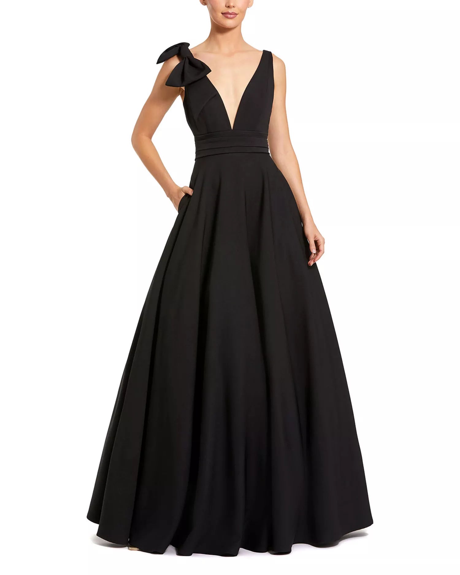 Elegant Ballgown Deep V Neck Sleeveless Bow Detail Open Back Floor Length For Adults Prom Dress