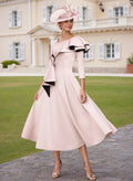 Blush Pink A-Line Midi Mother of the Bride Dress with Asymmetric Ruffle Detail