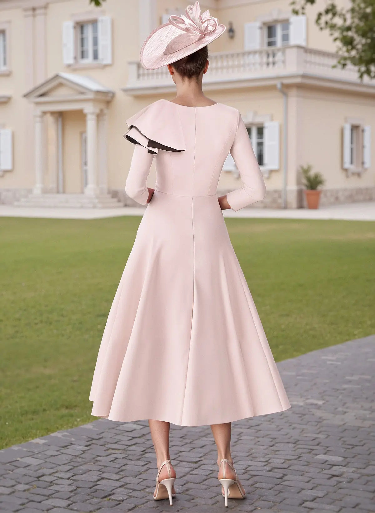 Blush Pink A-Line Midi Mother of the Bride Dress with Asymmetric Ruffle Detail