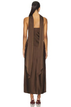 Elegant Drape Neck Strapless Sleeveless Open Back Midi Evening Dress