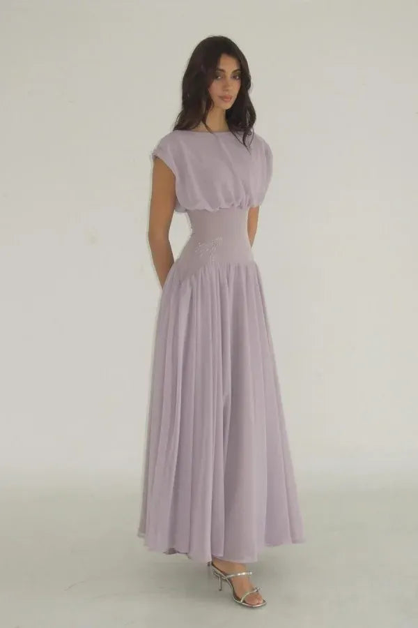 Draped Cap Sleeve Ruched Waist A-Line Maxi Dress