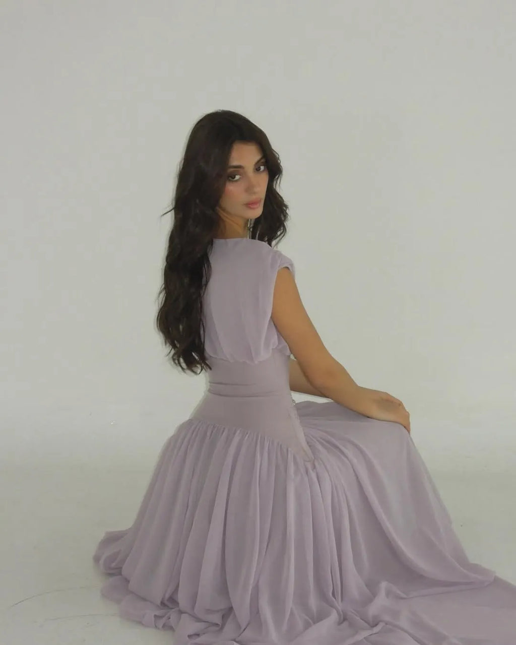 Draped Cap Sleeve Ruched Waist A-Line Maxi Dress