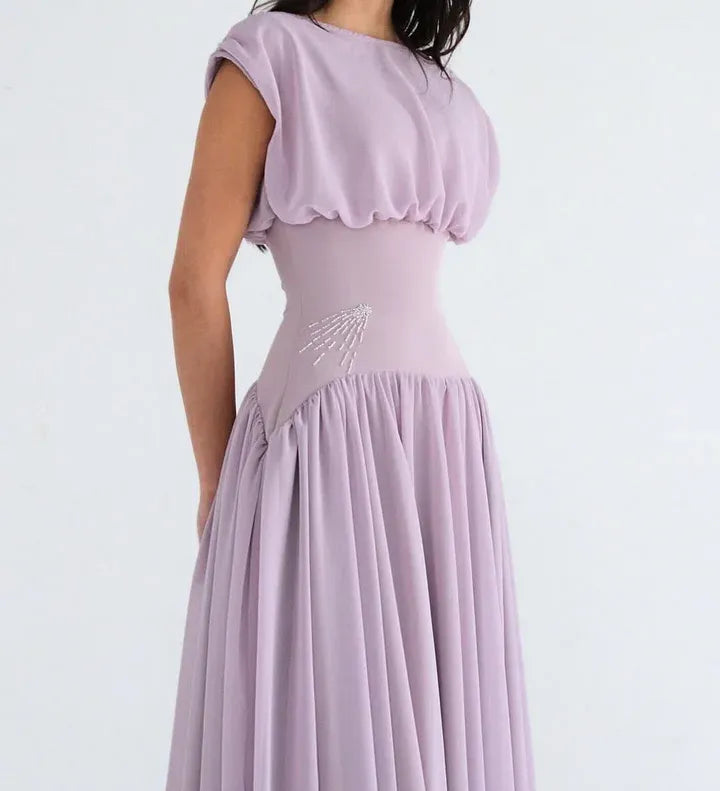 Draped Cap Sleeve Ruched Waist A-Line Maxi Dress
