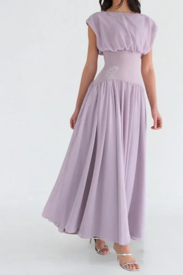 Draped Cap Sleeve Ruched Waist A-Line Maxi Dress