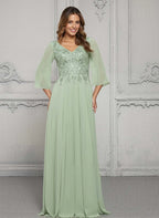 Dusty Sage V-Neck & A-Line Evening Gown with Three-Quarter Sleeves