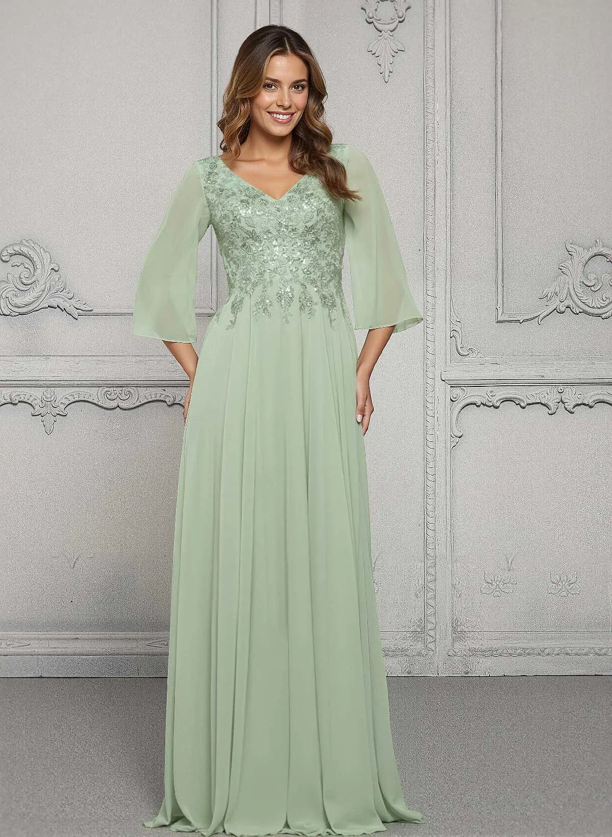 Dusty Sage V-Neck & A-Line Evening Gown with Three-Quarter Sleeves