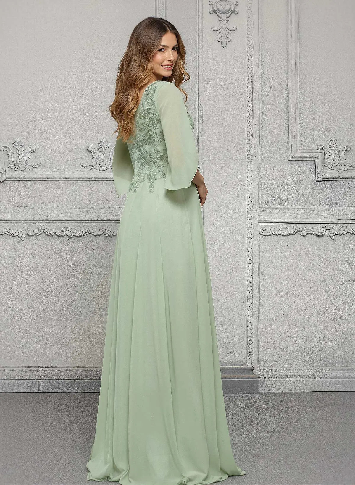 Dusty Sage V-Neck & A-Line Evening Gown with Three-Quarter Sleeves
