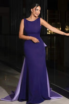 Fitted Mermaid Bateau Neck Sleeveless Open Bow Back Train Evening Dress