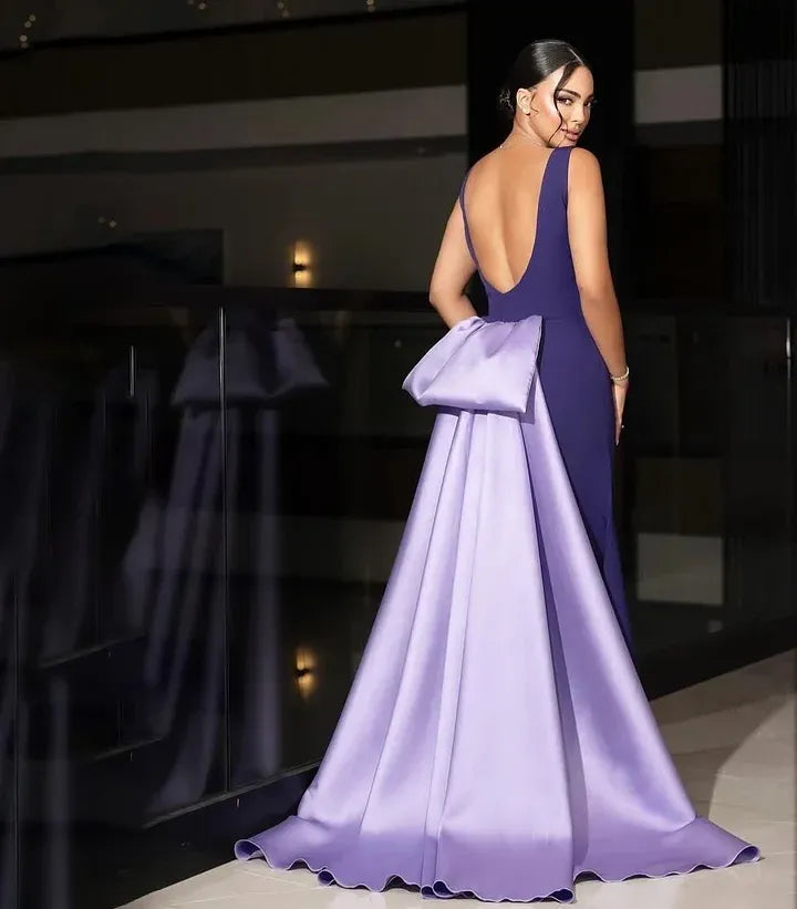Fitted Mermaid Bateau Neck Sleeveless Open Bow Back Train Evening Dress