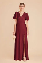 Elegant Fitted Satin V Neck Flutter Sleeve Closed Back Floor Length Bridesmaid Dresses