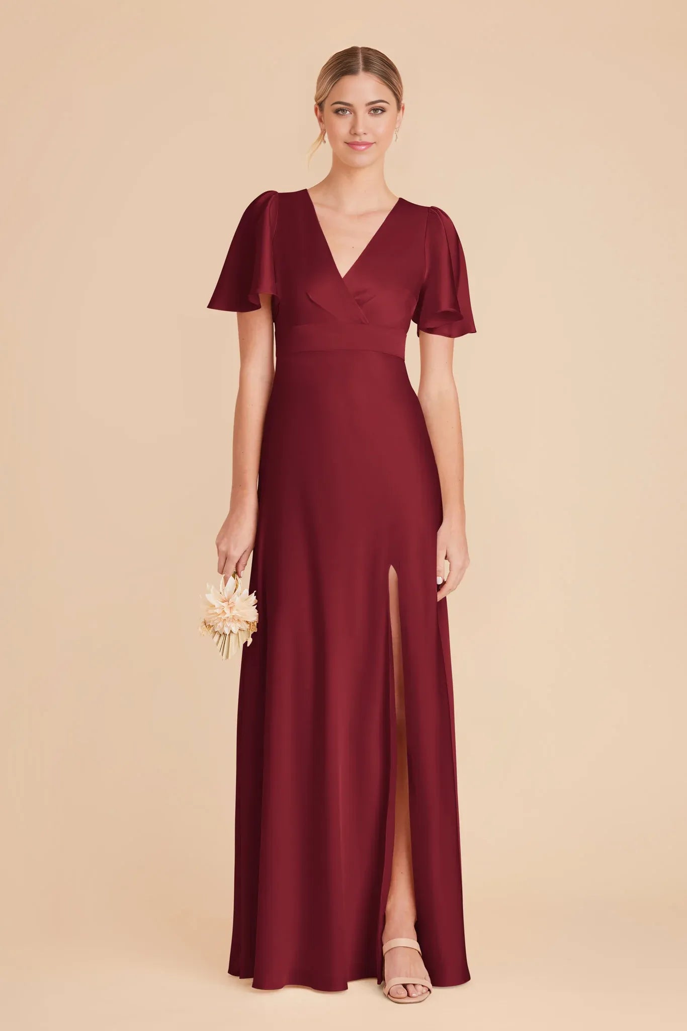 Elegant Fitted Satin V Neck Flutter Sleeve Closed Back Floor Length Bridesmaid Dresses