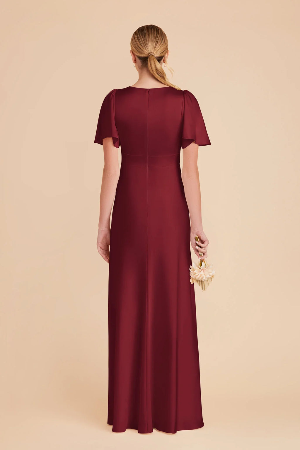 Elegant Fitted Satin V Neck Flutter Sleeve Closed Back Floor Length Bridesmaid Dresses