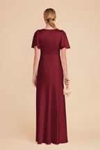 Elegant Fitted Satin V Neck Flutter Sleeve Closed Back Floor Length Bridesmaid Dresses