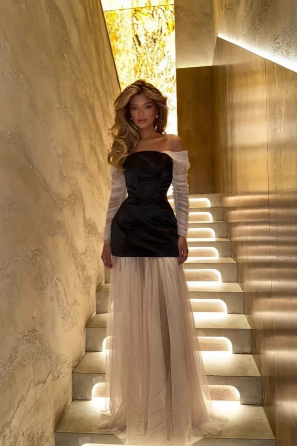 Fitted Sheath Off The Shoulder Long Sleeve Open Back Train Evening Dress