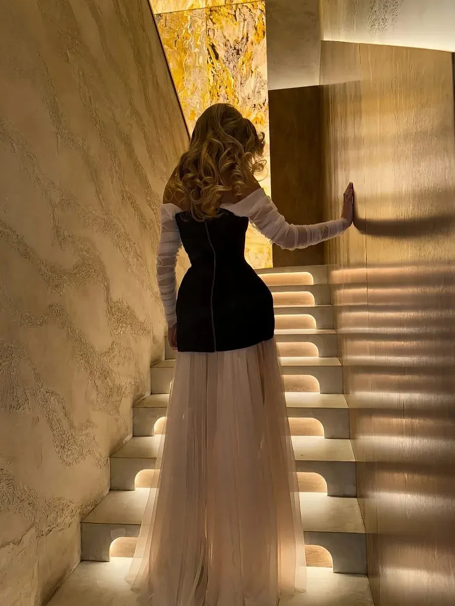Fitted Sheath Off The Shoulder Long Sleeve Open Back Train Evening Dress