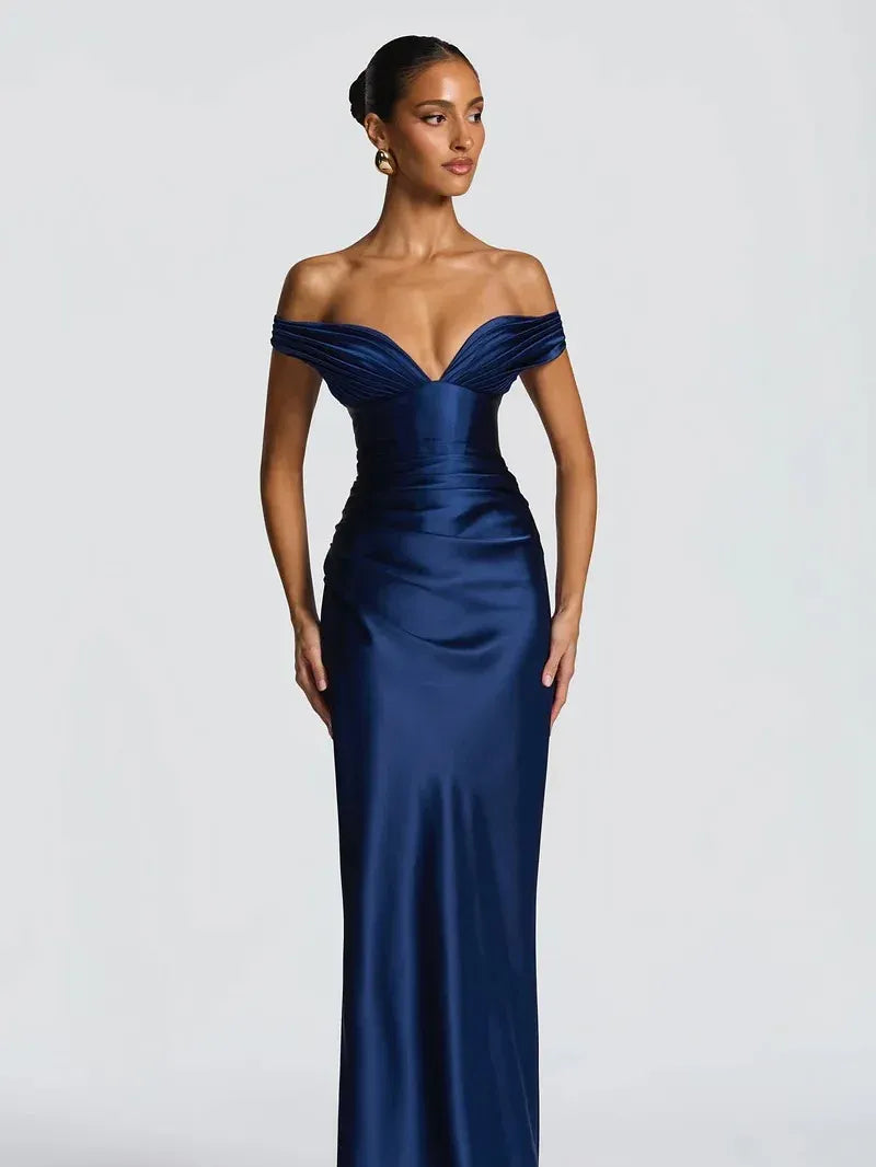 Fitted Sheath Off The Shoulder Sleeveless Lace-Up Back Maxi Evening Dress