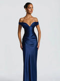 Fitted Sheath Off The Shoulder Sleeveless Lace-Up Back Maxi Evening Dress