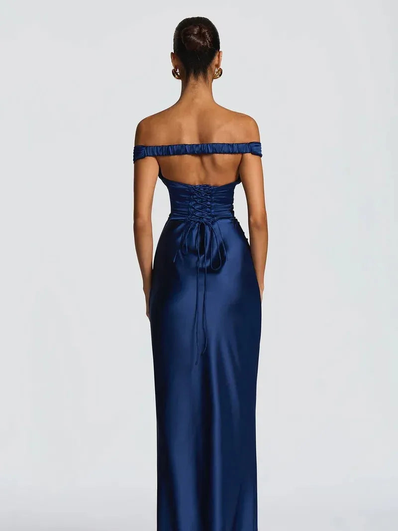 Fitted Sheath Off The Shoulder Sleeveless Lace-Up Back Maxi Evening Dress