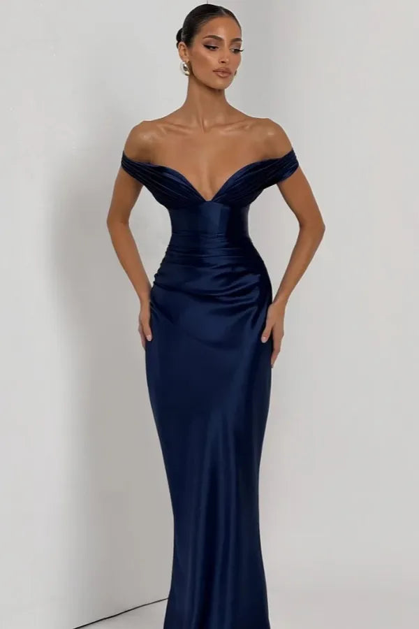 Fitted Sheath Off The Shoulder Sleeveless Lace-Up Back Maxi Evening Dress