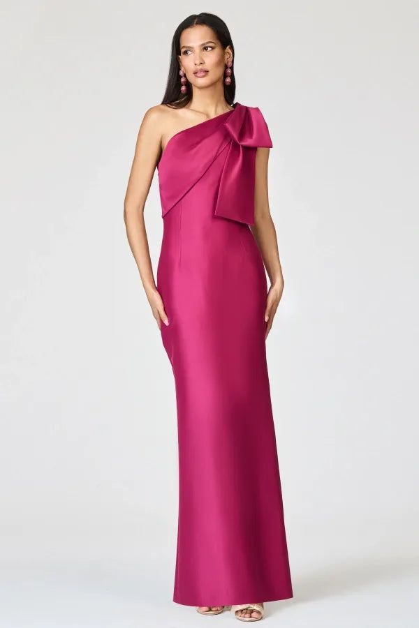 Fitted Sheath One Shoulder Sleeveless Open Back Bow Slit Evening Dress