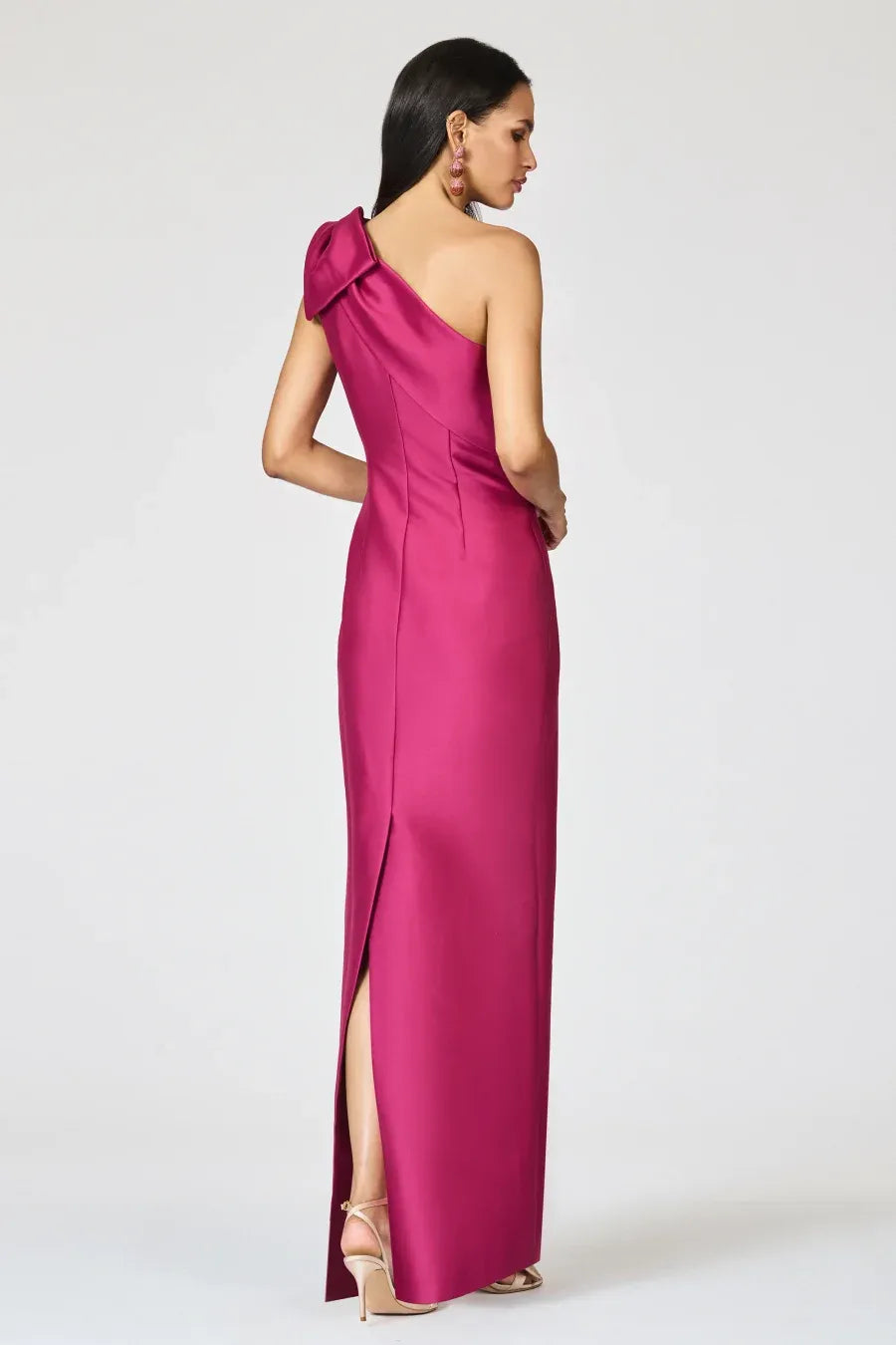 Fitted Sheath One Shoulder Sleeveless Open Back Bow Slit Evening Dress