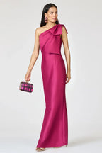 Fitted Sheath One Shoulder Sleeveless Open Back Bow Slit Evening Dress