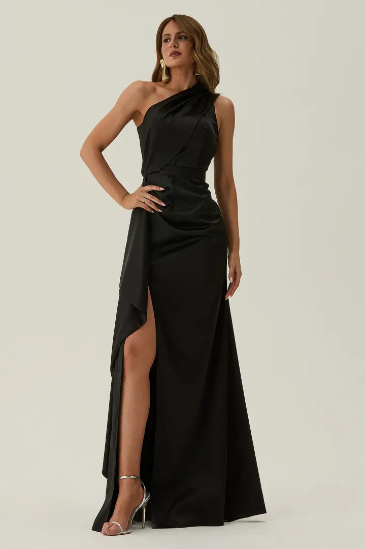 Fitted Sheath One Shoulder Sleeveless Open Back Split Train Evening Dress