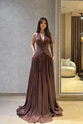 Flowy A-Line Halter Neck Sleeveless Open Back Train Evening Dress