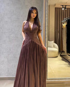 Flowy A-Line Halter Neck Sleeveless Open Back Train Evening Dress