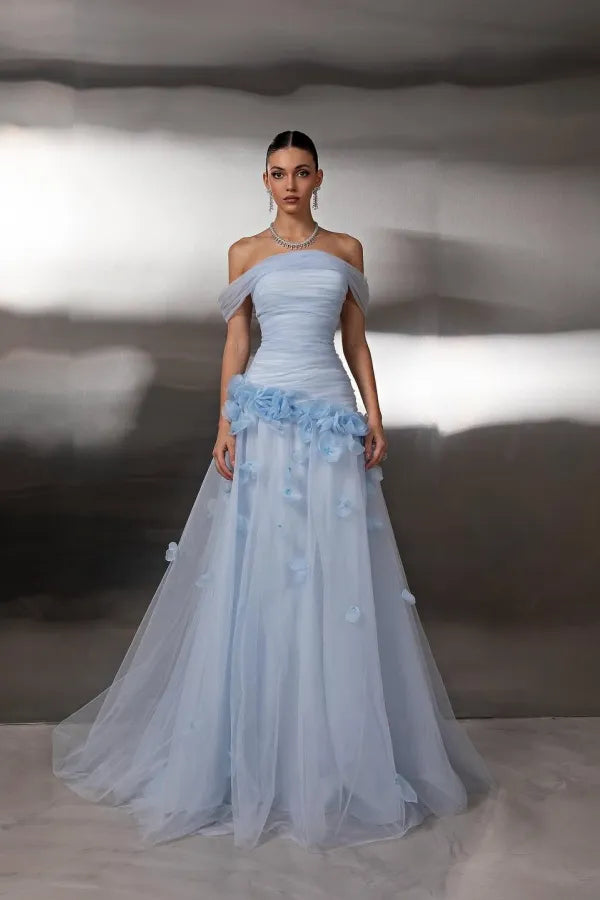 Flowy A-Line Off The Shoulder Sleeveless Open Back 3D Flower Train Evening Dress