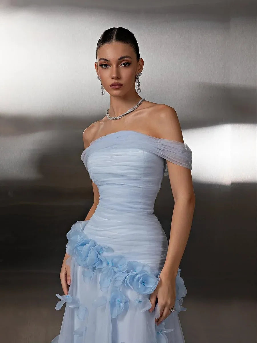 Flowy A-Line Off The Shoulder Sleeveless Open Back 3D Flower Train Evening Dress