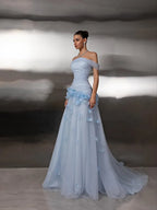 Flowy A-Line Off The Shoulder Sleeveless Open Back 3D Flower Train Evening Dress