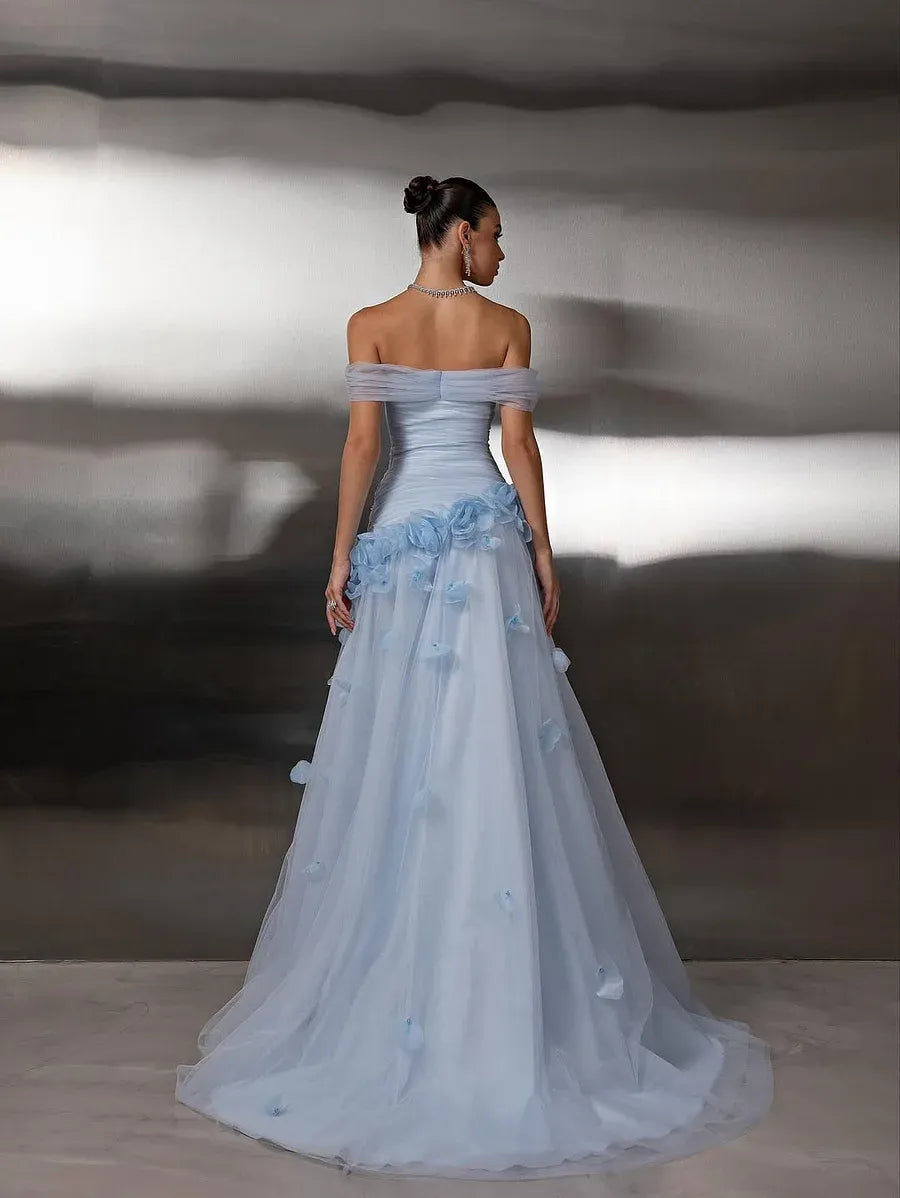 Flowy A-Line Off The Shoulder Sleeveless Open Back 3D Flower Train Evening Dress