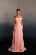 Flowy A-Line Off The Shoulder Sleeveless Open Back Train Evening Dress