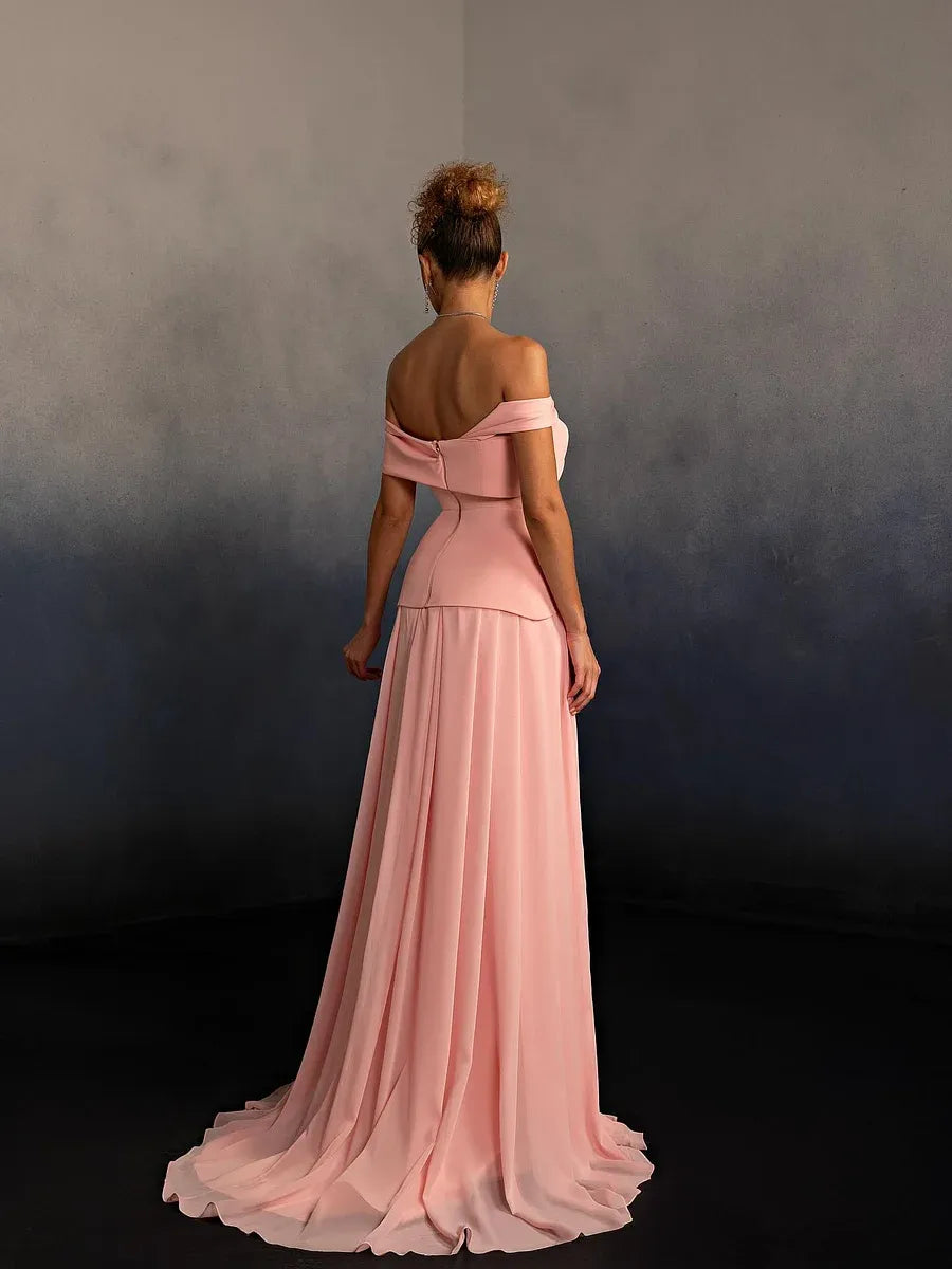 Flowy A-Line Off The Shoulder Sleeveless Open Back Train Evening Dress