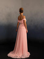 Flowy A-Line Off The Shoulder Sleeveless Open Back Train Evening Dress