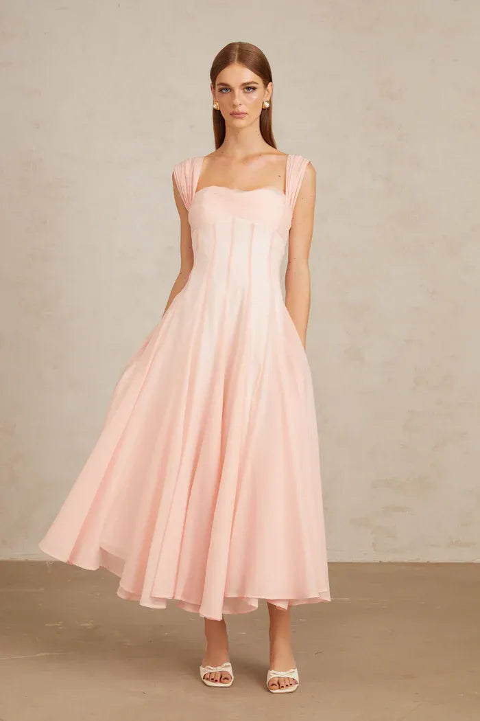 Flowy A-Line Square Neck Cap Sleeve Open Back Midi Cocktail Dress