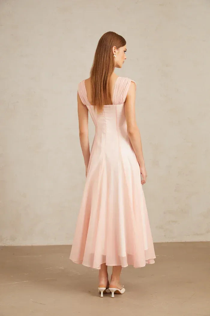 Flowy A-Line Square Neck Cap Sleeve Open Back Midi Cocktail Dress